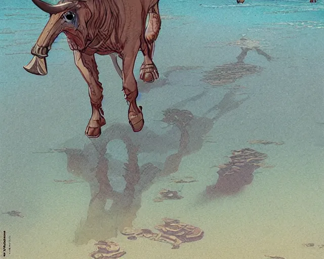 Image similar to a minotaur walking in shallow water, digital art, illustrated by james gurney and victo ngai