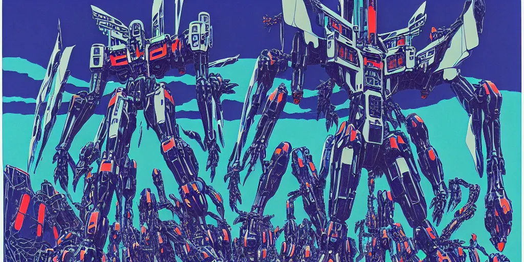 Prompt: risograph rendition of extremely - detailed black gigantic evangelion - like dragonfly mecha with a lot of blue children heads on it, ominous, intricate complexity, dramatic, epic composition, atmospheric, painting by moebius