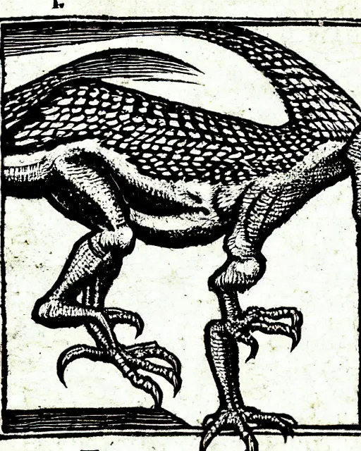 Image similar to b & w woodcut of a velociraptor from the nuremberg chronicle, 1 4 9 3, restored, hq scan