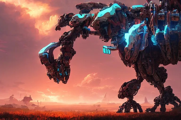 Image similar to thunderjaw machine mecanical creature robot of horizon forbidden west horizon zero dawn radiating a glowing aura global illumination ray tracing hdr fanart arstation by ian pesty and alena aenami artworks in 4 k