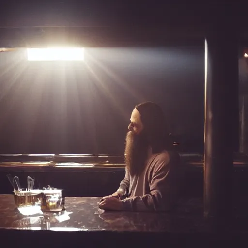 Image similar to a still of jesus sitting down on a stool at the bar, last call. it's dark and smoky. god rays through fog.