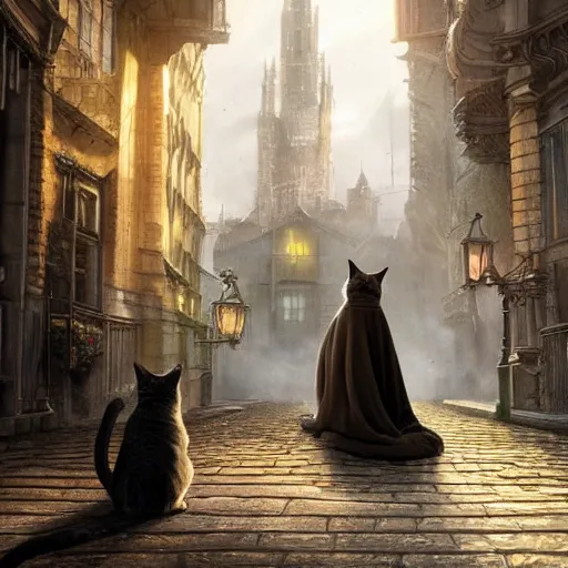 Image similar to a cat in a cloak, in a fantastic city , dramatic lighting, cinematic, establishing shot, extremely high detail, foto realistic, cinematic lighting, post processed, concept art, high details, cinematic, 8k resolution, beautiful detailed, photorealistic, digital painting, artstation, concept art, smooth, sharp focus, artstation trending, octane render, unreal engine