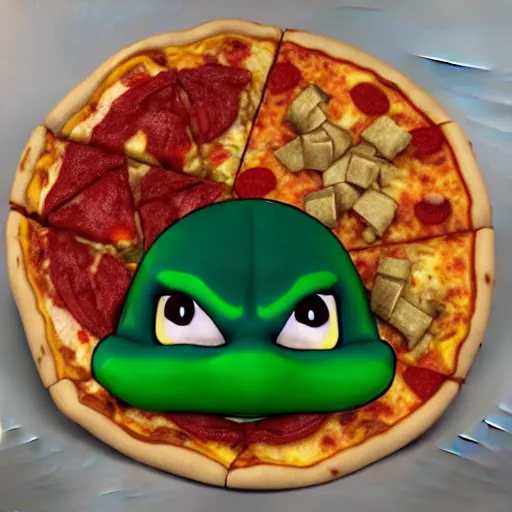 Prompt: a gigantic ninja turtle potato eating a pizza while sitting in a golden throne, 3D render 8K