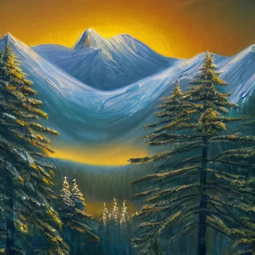 Image similar to Norse mythology mountains with pine forests at dusk, oil painting, realistic, 4K, beautiful, nature