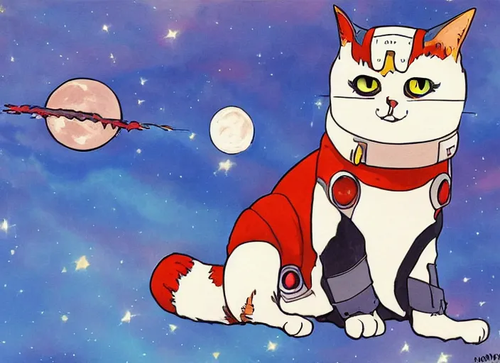 Prompt: painting of a cat dressed as an astronaut, stuido ghibli, gurren lagann