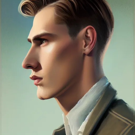 Image similar to tall man in his twenties with brown blond short quiff hair and thin slightly round facial structure with cleft chin, straight eyebrows and prominent nose, good definition of cheekbones, big hazel nut brown eyes, narrow face, slim body, atmospheric lighting, painted, intricate, 4 k, highly detailed by charlie bowater