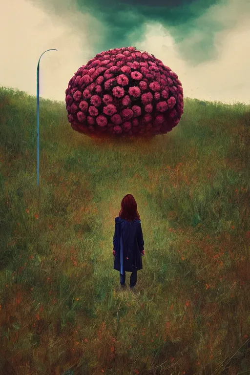 Prompt: portrait of giant flower head, a girl with coat between bushes, surreal photography, wind and cold, dramatic sky, impressionist painting, digital painting, artstation, simon stalenhag