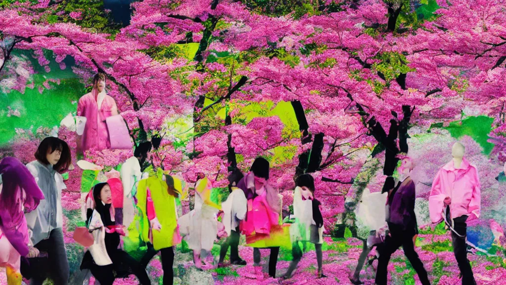 Image similar to a group of people flower viewing sakura, japan, a collage painting, in the style of wes anderson, lola dupre, david hockney, isolated on negative white space background dark monochrome neon fluorescent spraypaint accents volumetric octane render