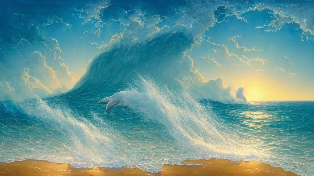 Image similar to first person view of breaking waves on the shore, summer, clear beautiful sky, bright sky, dolphins 🐬 swimming, peaceful, amazing, by andreas rocha and john howe, and Martin Johnson Heade, featured on artstation, featured on behance, golden ratio, ultrawide angle, f32, well composed