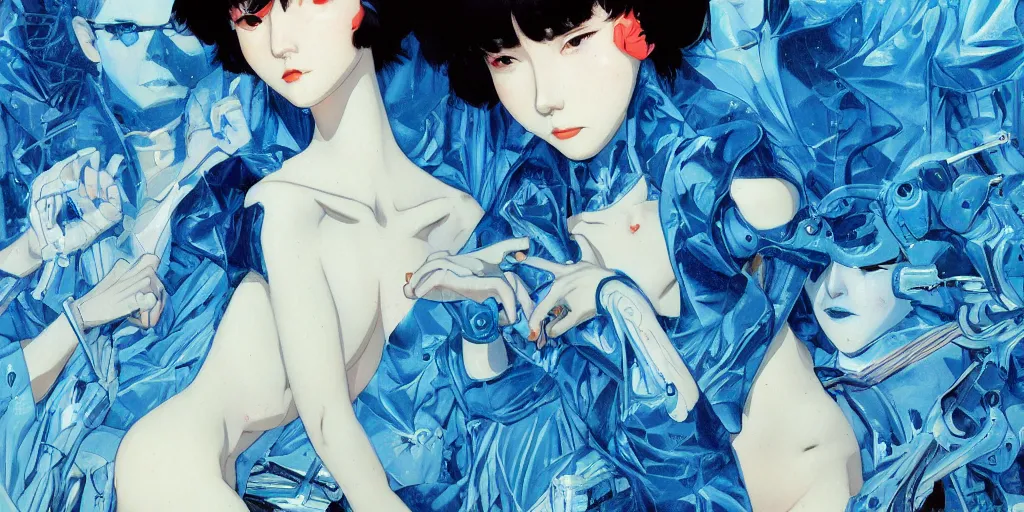 Image similar to perfect blue illustration by james jean and satoshi kon and erik jones, inspired by evangelion, smooth feature, intricate oil painting, high detail illustration, sharp high detail, international klein blue