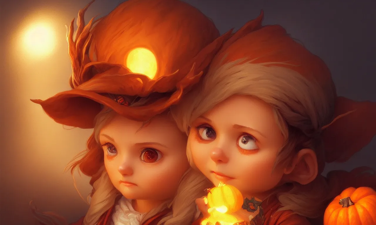 Image similar to hand drawn cute one gnomes face in autumn and pumpkin, detailed closeup face, concept art, low angle, high detail, warm lighting, volumetric, godrays, vivid, beautiful, trending on artstation, art by artgerm and greg rutkowski and alphonse mucha