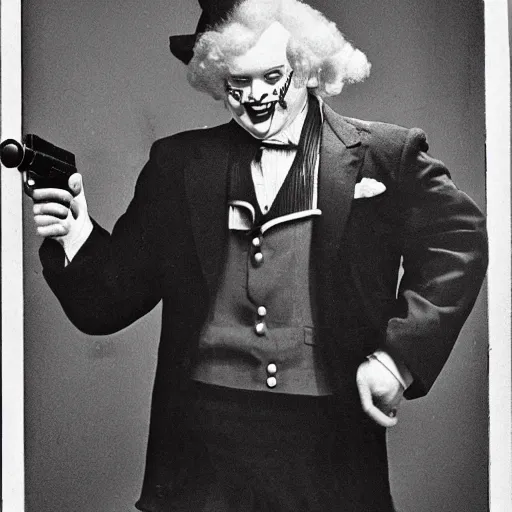 Image similar to Ronald Mcdonald pointing a gun at the camera