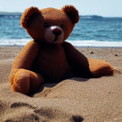 Prompt: a pixel art Teddy bear lounging on the beach