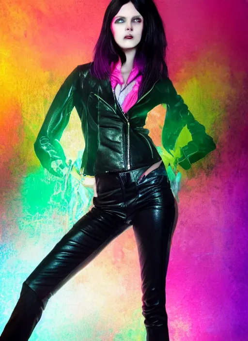 Image similar to a photo of 8 k ultra realistic a black haired female in high heels and a black leather jacket, pink, purple, green, yelow, red, blue, white neon, art by lise deharme