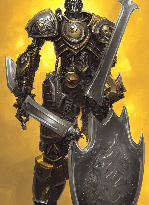 Image similar to dynamic portrait of a intricate mechanical warforged character in yellow armor holding a paladin engraved great longsword and carrying a big shield, epic , trending on ArtStation, cinematic lighting, by Jesper Ejsing