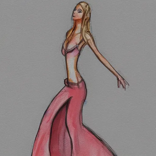 Image similar to model fashion show, cat walk, artstation, sketch in watercolors.