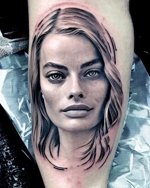 Image similar to creative double exposure effect tattoo design sketch of margot robbie face blended in beautiful mountain scenery, realism tattoo, in the style of matteo pasqualin, amazing detail, sharp