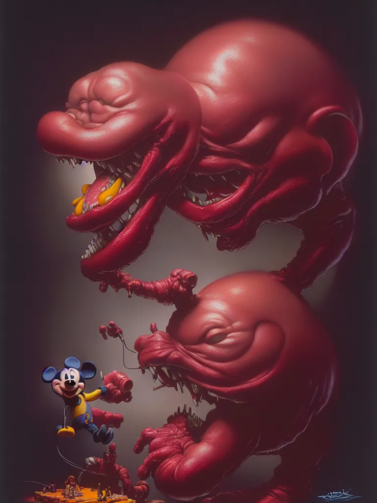 Image similar to hyperrealistic rendering, fat smooth john carpenter flesh monster mickey mouse by donato giancola and greg rutkowski and wayne barlow and zdzisław beksinski, product photography, action figure, sofubi, studio lighting, colored gels, colored background
