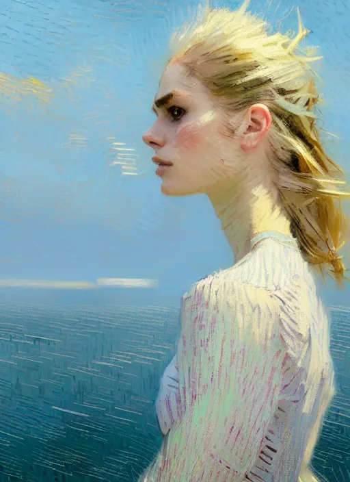 Prompt: portrait of a beautiful girl, sea dunes backdrop, sad, pastel shades of light blue and light yellow, beautiful face, rule of thirds, intricate outfit, spotlight, by greg rutkowski, by jeremy mann, by francoise nielly, by van gogh, digital painting