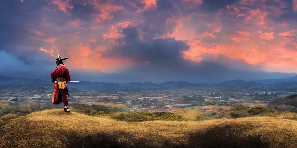 Prompt: A samurai standing on a Hill gazing at japanese Fields, village in the distance on fire, dramatic sky, cinematic shot, cinematic angle, highly detailed art, 8k