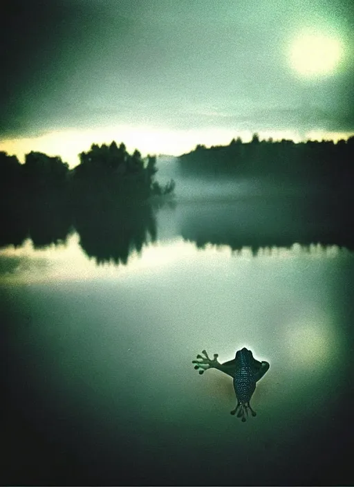 Prompt: “semitranslucent smiling frog amphibian vertically hovering over misty lake waters in Jesus Christ pose, low angle, long cinematic shot by Andrei Tarkovsky, paranormal, eerie, mystical”