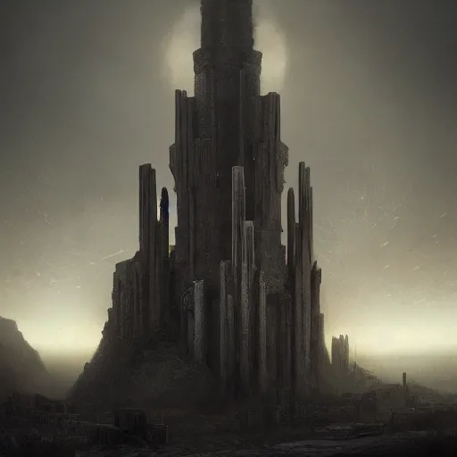 Prompt: * * one gigantic brutalist ancient tower, a detailed structure with at the top 3 spires in form of a trident, 1 0 0 0 meters tall set against sunlit, surrounded by smoke, mountains and a huge old city, 8 k, volumetric lighting, cinematic composition, octane render, dark surrealism, highly detailed by peter mohrbacher