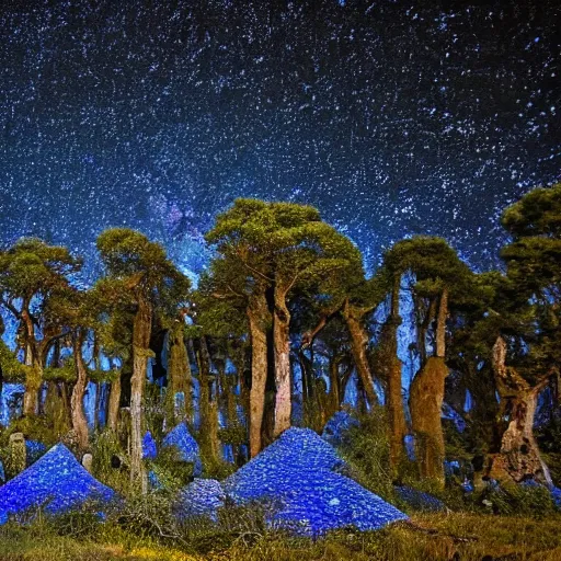 Image similar to the ruins of a village made out of stone in a forest of blue trees at night, a night sky filled with stars