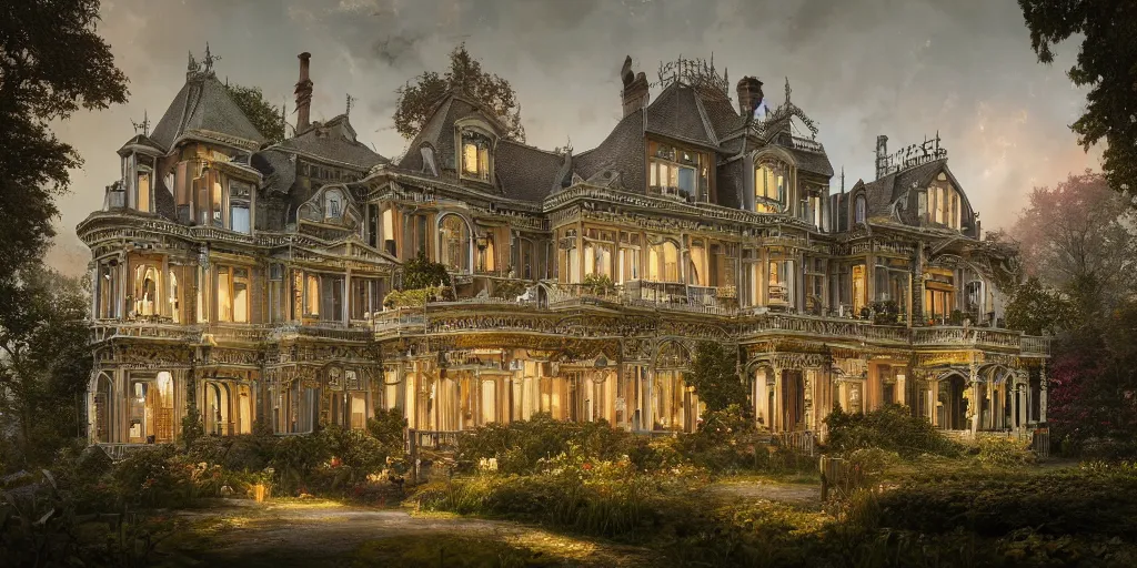 Image similar to a finely detailed photograph of a late Victorian house surrounded by beautiful gardens, view from ground level, elegant, ornate, daytime, beautifully lit scene, ray traced, octane render by Peter Mohrbacher and Peter Gric