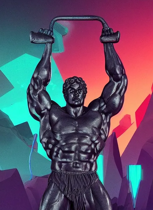 Image similar to statue of hercules, beeple, android jones, ( ( ( ( ( dan mumford ) ) ) ) ), vaporwave, retrowave, black background, neon wiring, black, glitch, strong contrast, cuts, pinterest, trending on artstation