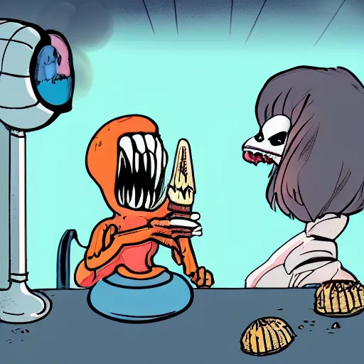 Prompt: a picture of a xenomorph eating an ice cream cone, 4 k, artstation, science fiction, in the style of a garfield comic