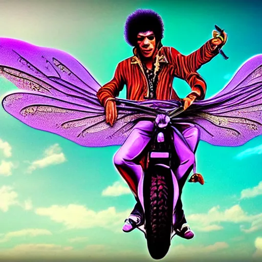 Image similar to Jimi Hendrix riding on the back of an enormous purple dragonfly, Digital realistic detailed art trending in Artstation.