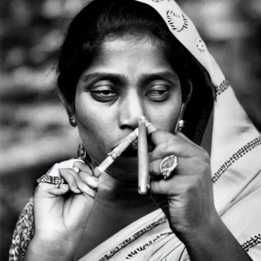 Prompt: portrait of a sri lankan woman smoking cigarette, 8 0's style