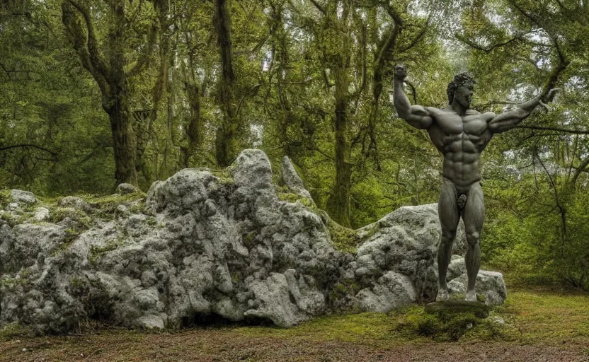 Image similar to a mossy greek marble statue of a very muscular man abandoned in the middle of a forest near a lake at sunset, concept art, godrays, complementary colors, calm, relaxing, beautiful landscape, highly detailed, high quality, 4k HDR, path tracing, serene landscape, high coherence, soft lighting