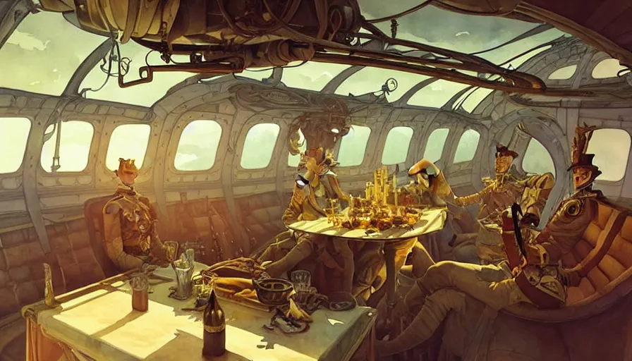 Image similar to airship interior with seats and a dinner table, french baroque, napoleonic, dieselpunk science fiction, steampunk, sharp, concept art watercolor illustration by mandy jurgens and alphonse mucha, dynamic lighting