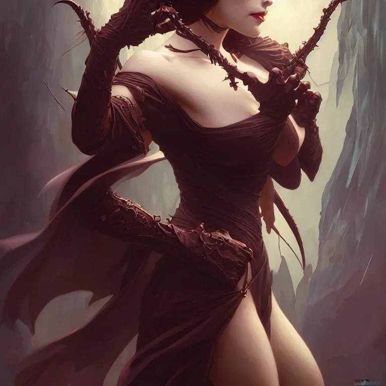 Image similar to female vampire, muscular upper body, D&D, fantasy, intricate, elegant, highly detailed, digital painting, artstation, concept art, smooth, sharp focus, illustration, art by artgerm and greg rutkowski and alphonse mucha