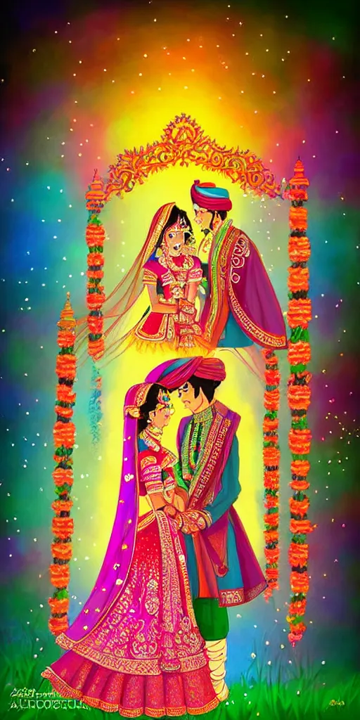 Prompt: beautiful indian wedding, very colorful, very cute, studio ghibli lighting, digital art, art of the day, best art award