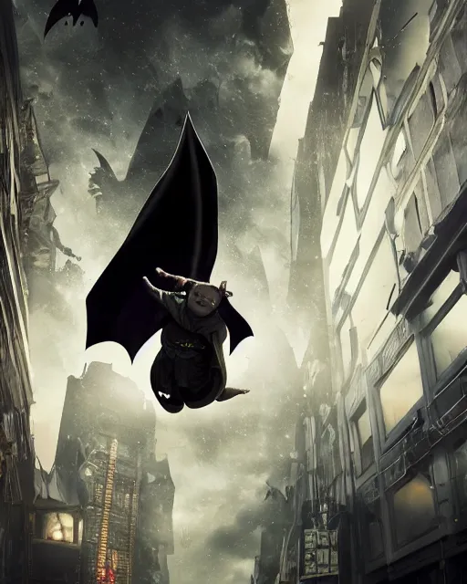 Image similar to epic action still of baby yoda wearing batman outfit as batman hanging upside - down from building in atmospheric alleyway in the style of batman the dark knight rises, 8 k backlit