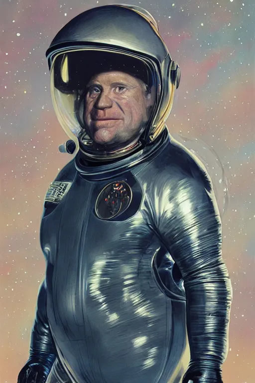 Prompt: portrait of willem defoe as a fat man wearing leather spacesuit, nebula space background and spaceship, illustration by normal rockwell, jacob collins, artstation character art, john berkey, greg rutkowski