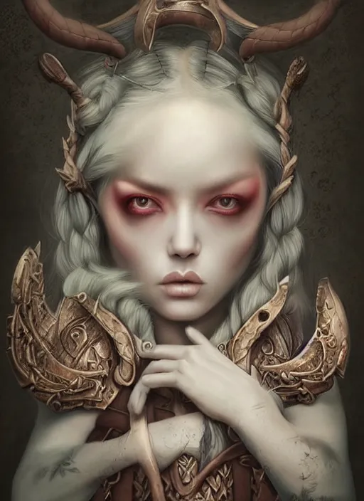 Prompt: pop surrealism, lowbrow art, realistic viking painting, armor, hyper realism, muted colours, rococo, natalie shau, loreta lux, tom bagshaw, mark ryden, trevor brown style,