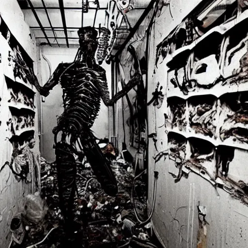 Image similar to “ugly filthy gross fleshy raw meat insectoid cybernetic mummy horse standing in a filthy dirty small server room filled with garbage and networking cables. David Cronenberg. Body horror style. 35mm.”