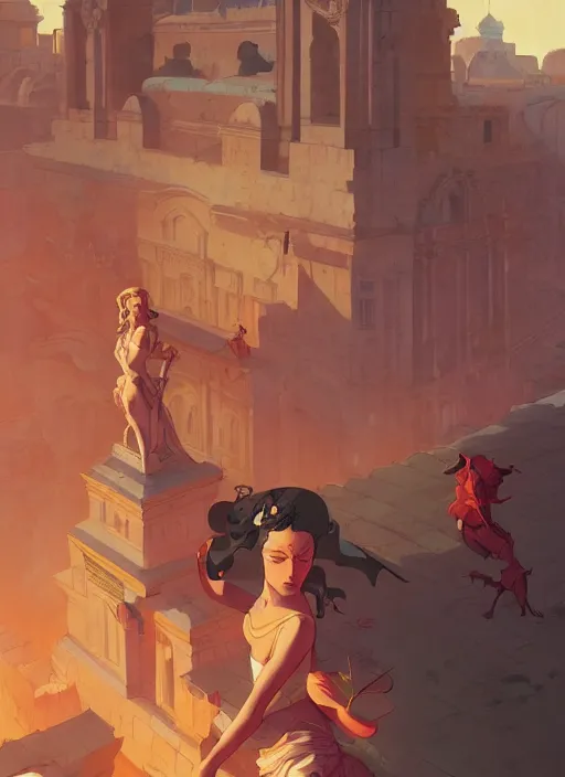 Prompt: a flourishing roman city, glorious, epic scene, beautiful, in the style of artgerm, gerald brom, atey ghailan and mike mignola, vibrant colors and hard shadows and strong rim light, plain background, comic cover art, trending on artstation