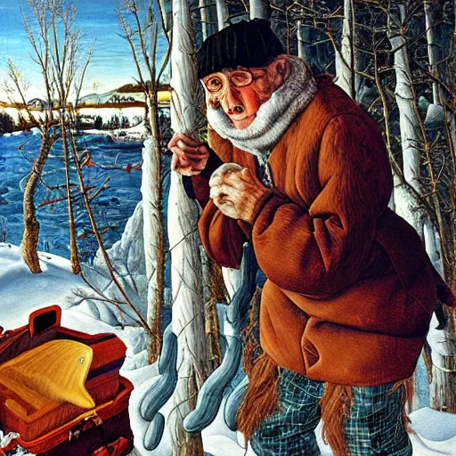 Image similar to Satan is ice fishing in Bavaria , oil painting, hyper detailed, hyper realistic, by Botticelli, portrait