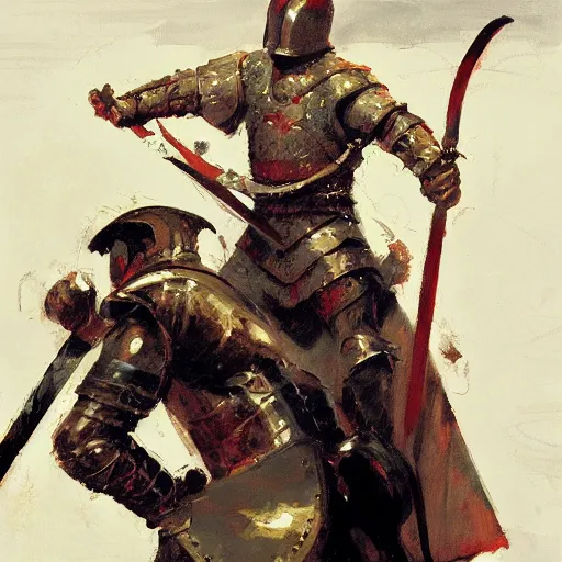 Image similar to portrait of man wearing gambeson and sallet helmet, swinging sword, fighting, detailed by greg manchess, craig mullins, bernie fuchs, walter everett