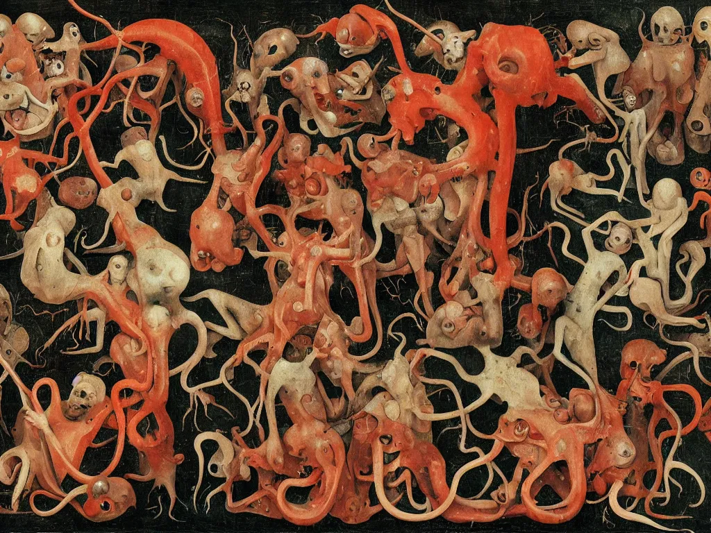 Image similar to a world of flesh in contrasting colors, hieronymous bosch, tentacles and nervous system cells, shiny flesh colored walls that are alive, loss of molecular cohesion,