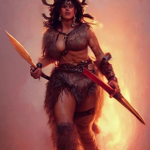 Image similar to salma hayek as a barbarian warrior, au naturel, hyper detailed, digital art, trending in artstation, cinematic lighting, studio quality, smooth render, unreal engine 5 rendered, octane rendered, art style by klimt and nixeu and ian sprigger and wlop and krenz cushart.