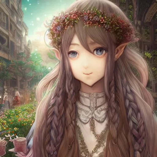 Prompt: happy elven flower seller in the city, intricate braided hair, thin silver half - glasses, short and plump body, qrrtpfn, manga panel by kosuke kurose, soft lighting, highly detailed face, cozy atmosphere, sharp focus, artstation, secret of mana, sophie anderson, arnold armitage, loish