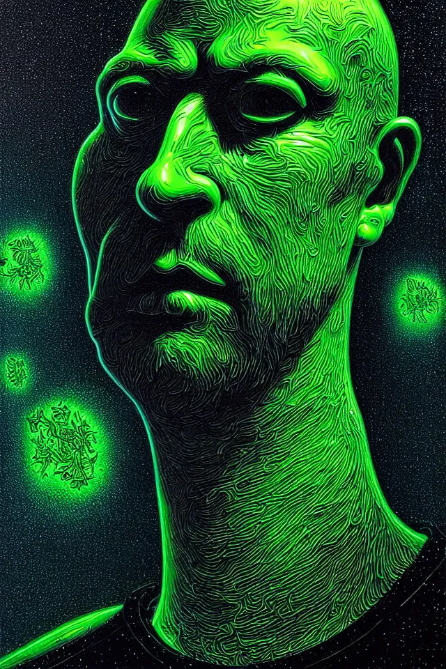 Image similar to bizarre green blacklight detailed renaissance portrait of homer simpson as a highly detailed realistic real life, dramatic cinematic lighting, 8 k, beautiful intricate painting by james r eads and tomasz alen kopera