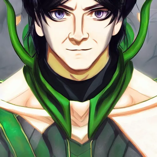 Image similar to Loki portrait, male anime style, illustrated by Avetetsuya Studios, intricate, detailed, photorealistic, trending on artstation, studio lighting, 4k, 8k