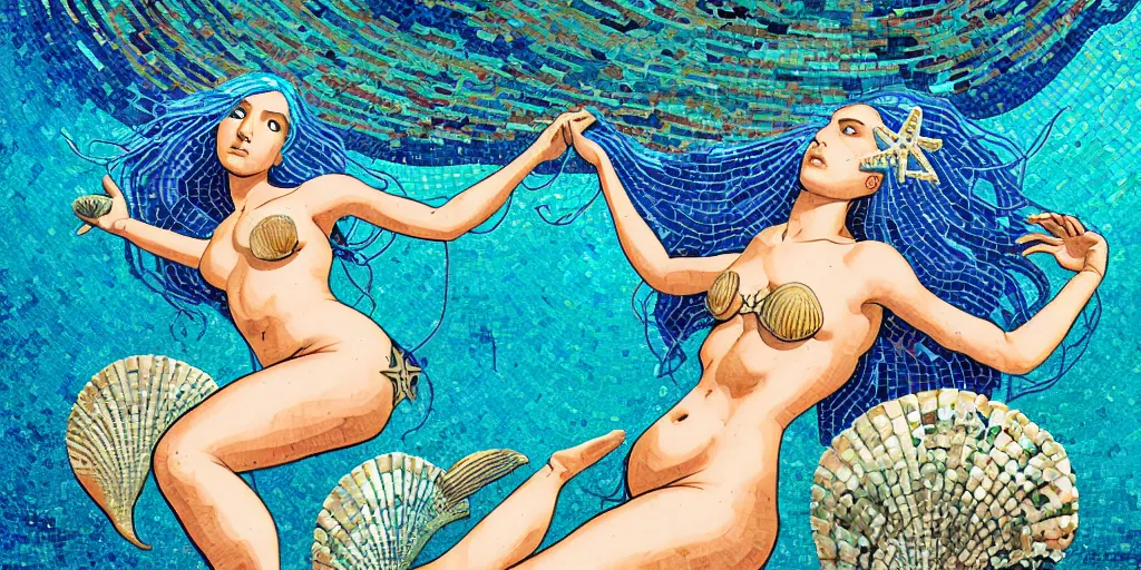 Image similar to ancient roman mosaic of bluehair mermaid with a shell bikini on sea floor, low ceiling, illustration by moebius, rhads, dan mumford, victo ngai, clean thick line, comics style
