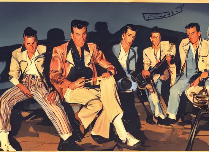 Image similar to rockabilly band 1950s, high detail, golden hour, 8K, by syd mead